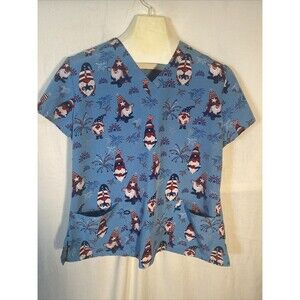 Patriotic Gnome Scrub Shirt Women M Blue V Neck Short Sleeve Pockets Medical S1